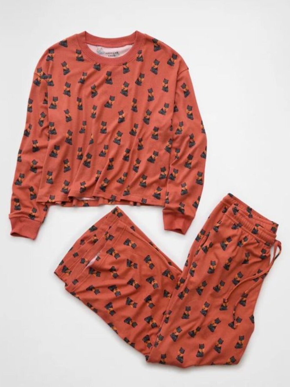 American Eagle Black Cat Orange Luxe Plush Long Sleeve + Pant PJ Set In SIze M